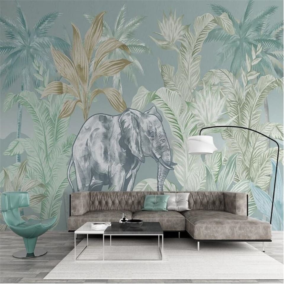 Papier peint paysage d&#39;éléphants et de plantes tropicales