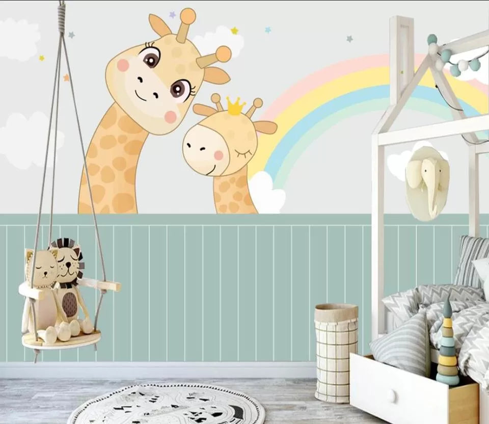 Child&#39;s wallpaper with giraffes and rainbows