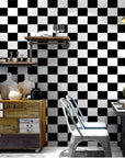 Panoramic black and white checkerboard wallpaper