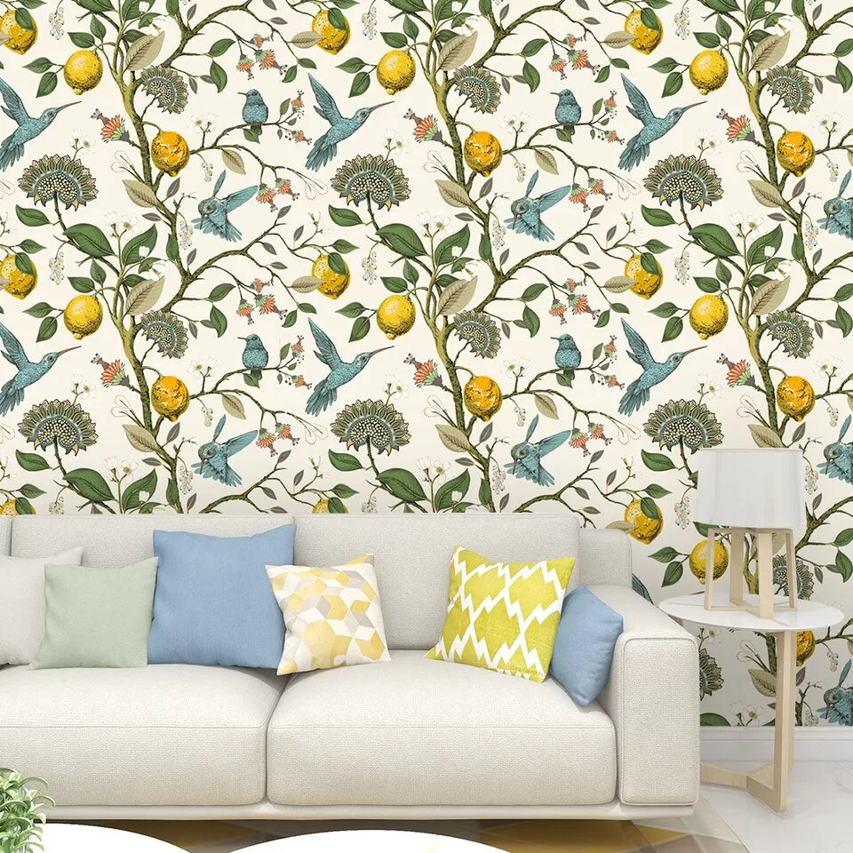 Lemons and birds wallpaper