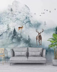 Papier peint forêt enneigée scandinave et animaux