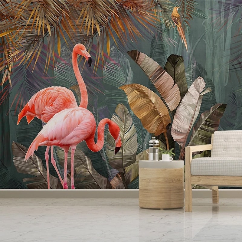 Tropical jungle and flamingos wallpaper