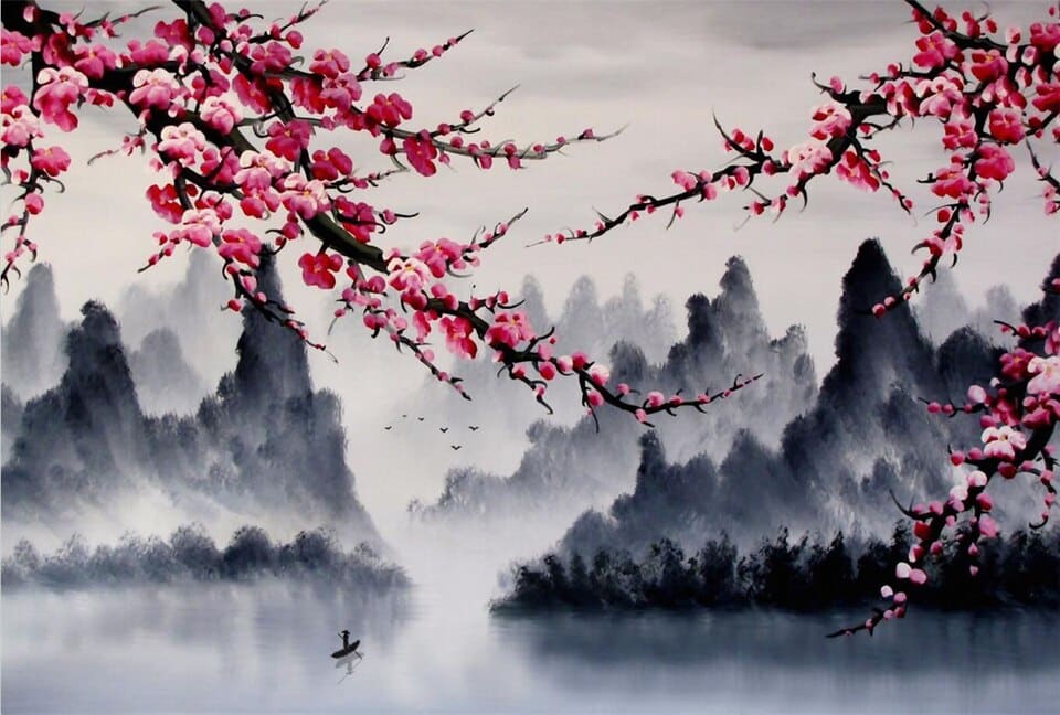 Panoramic Chinese mountain and cherry blossoms wallpaper