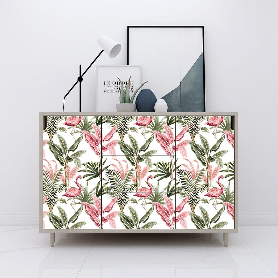Palm leaf and flamingos wallpaper