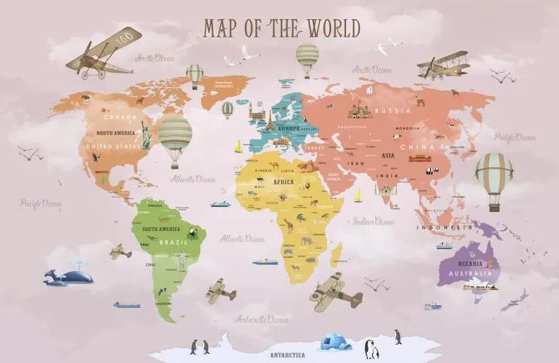 Child&#39;s world map with a pink background wallpaper