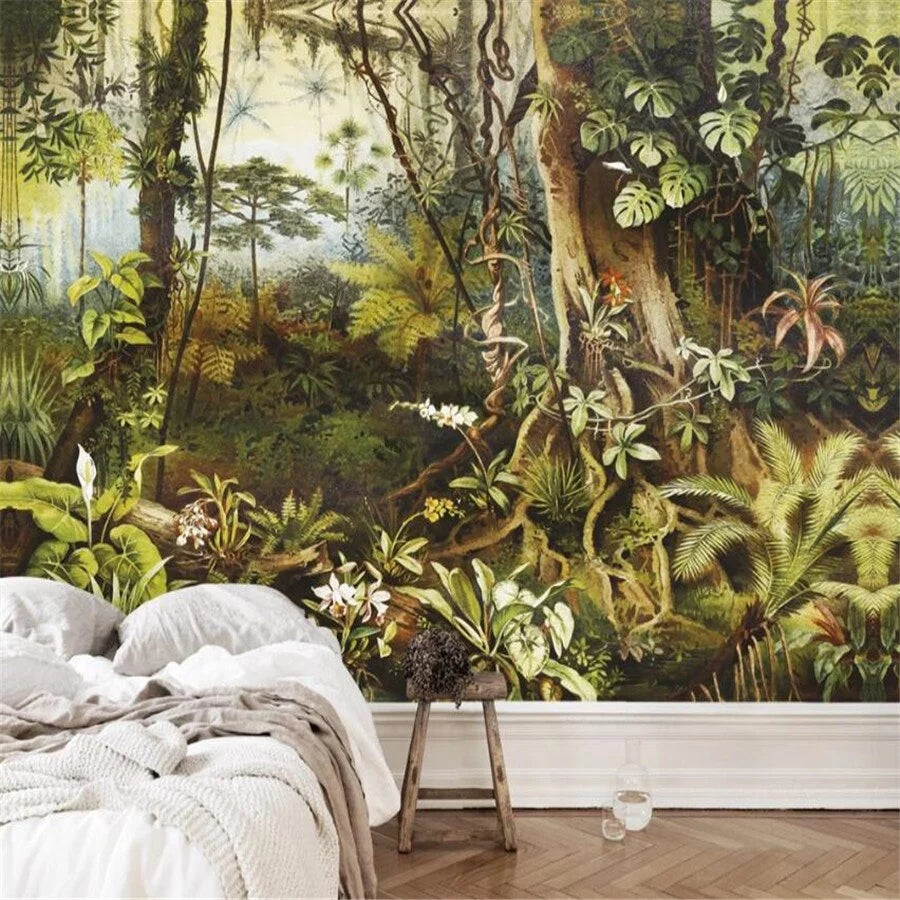 Panoramic vintage tropical jungle wallpaper