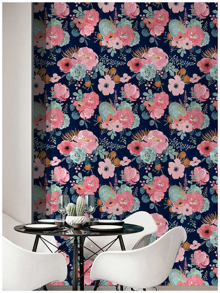 Floral pink and blue wallpaper