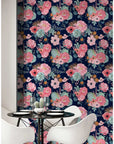 Floral pink and blue wallpaper