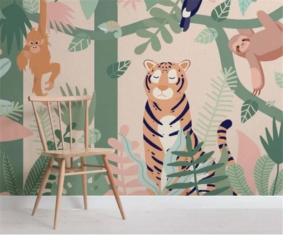 Child&#39;s wallpaper with monkey, sloth, toucan, and tiger
