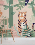 Child's wallpaper with monkey, sloth, toucan, and tiger