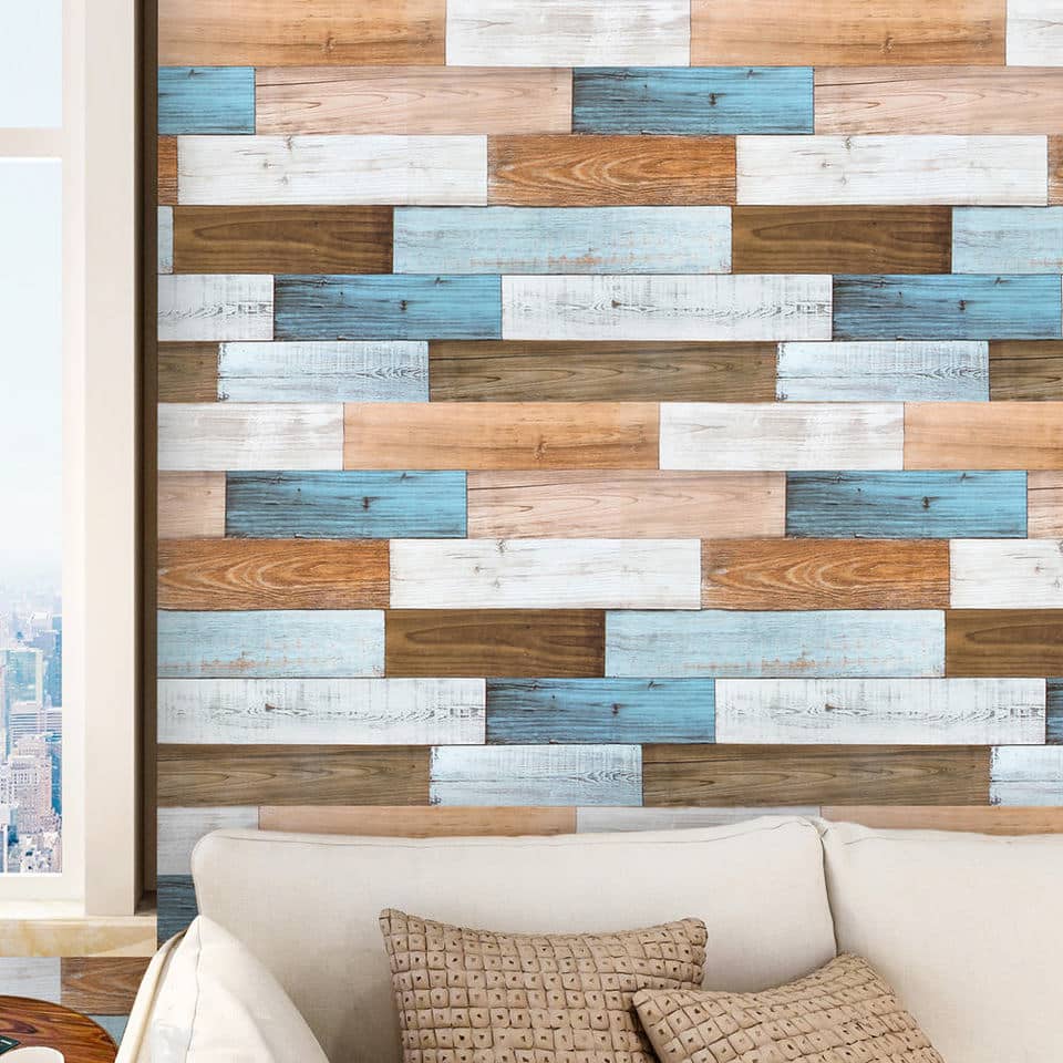Brown-blue-and-white wood planks wallpaper