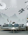 Mountains and Japanese cranes wallpaper