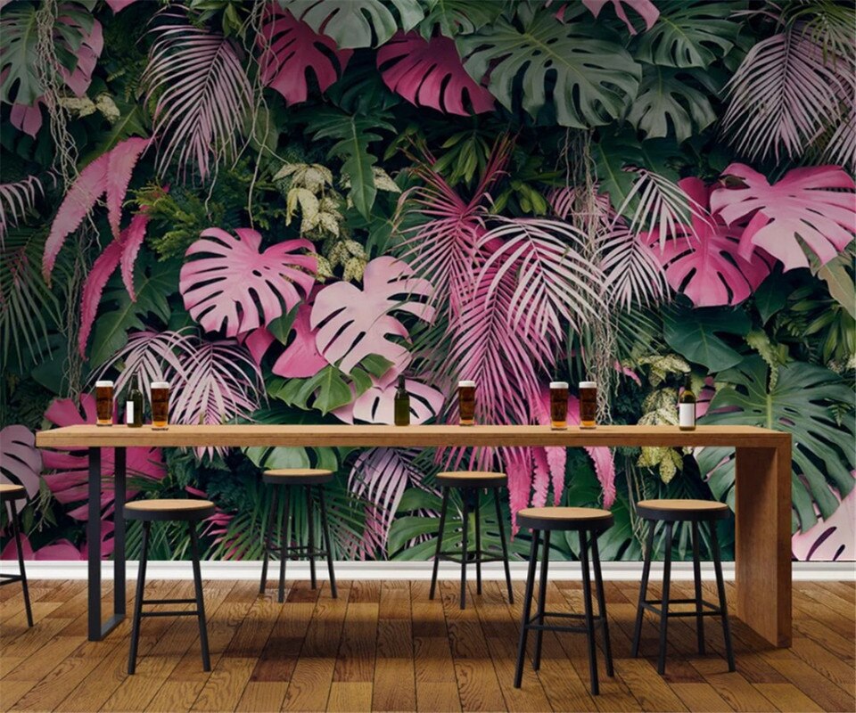 Pink and green tropical foliage wallpaper