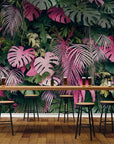 Pink and green tropical foliage wallpaper