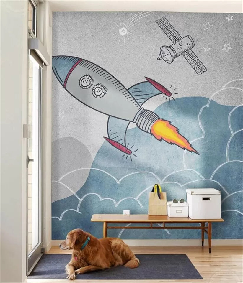 Child&#39;s blue rocket wallpaper