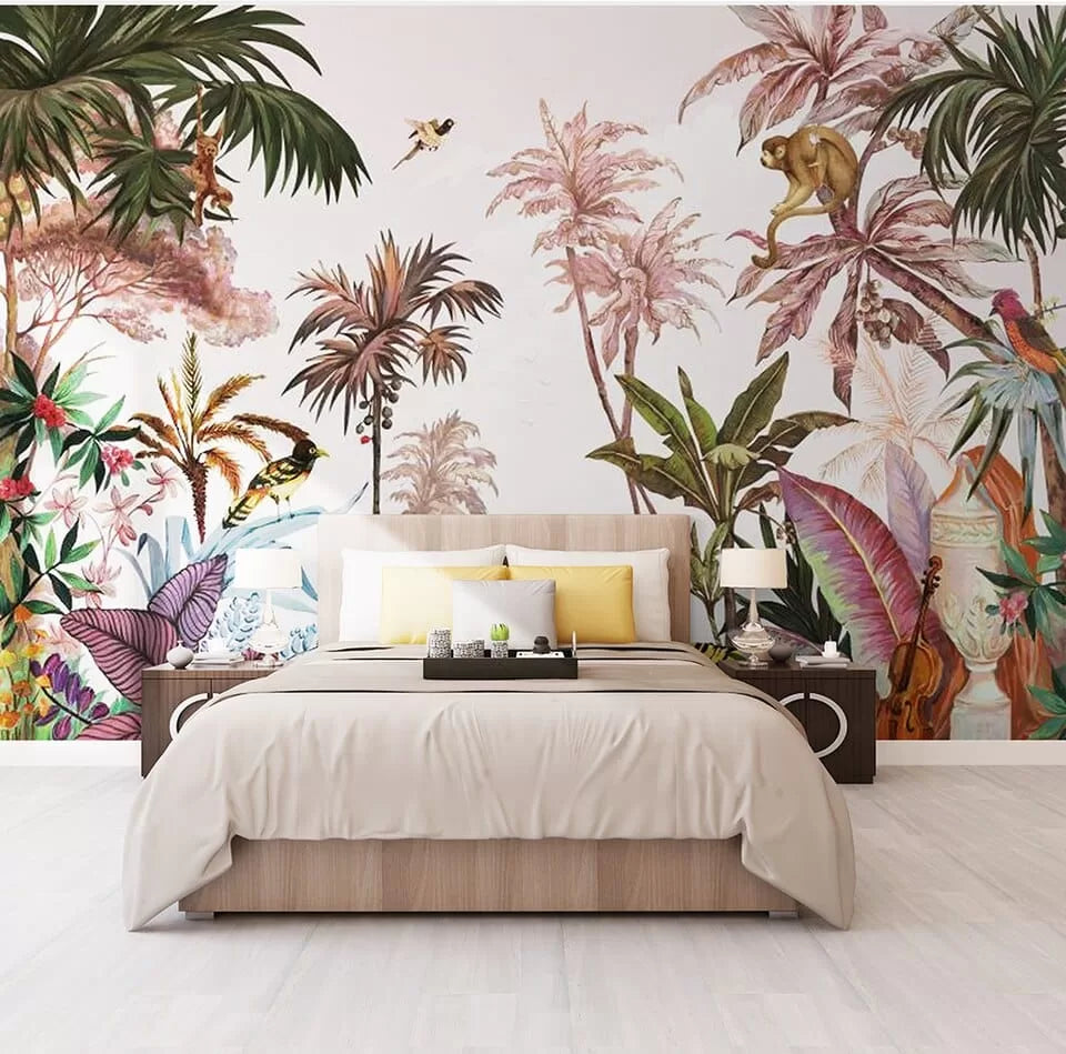 Tropical jungle and animals panoramic wallpaper