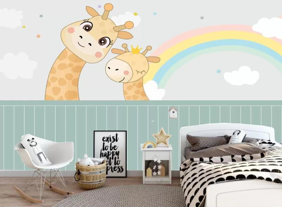 Child&#39;s wallpaper with giraffes and rainbows
