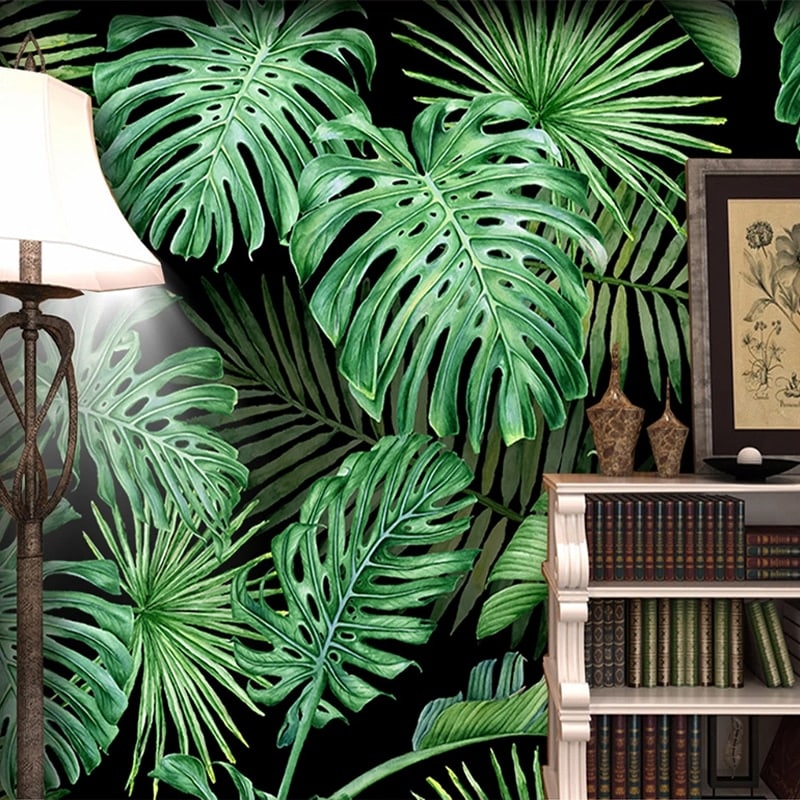 Dark green tropical leaves wallpaper