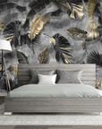 Black and gold tropical leaves wallpaper