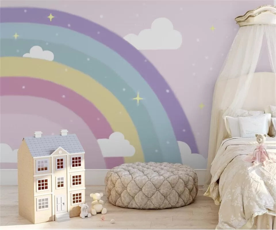 Child&#39;s wallpaper with rainbow and clouds