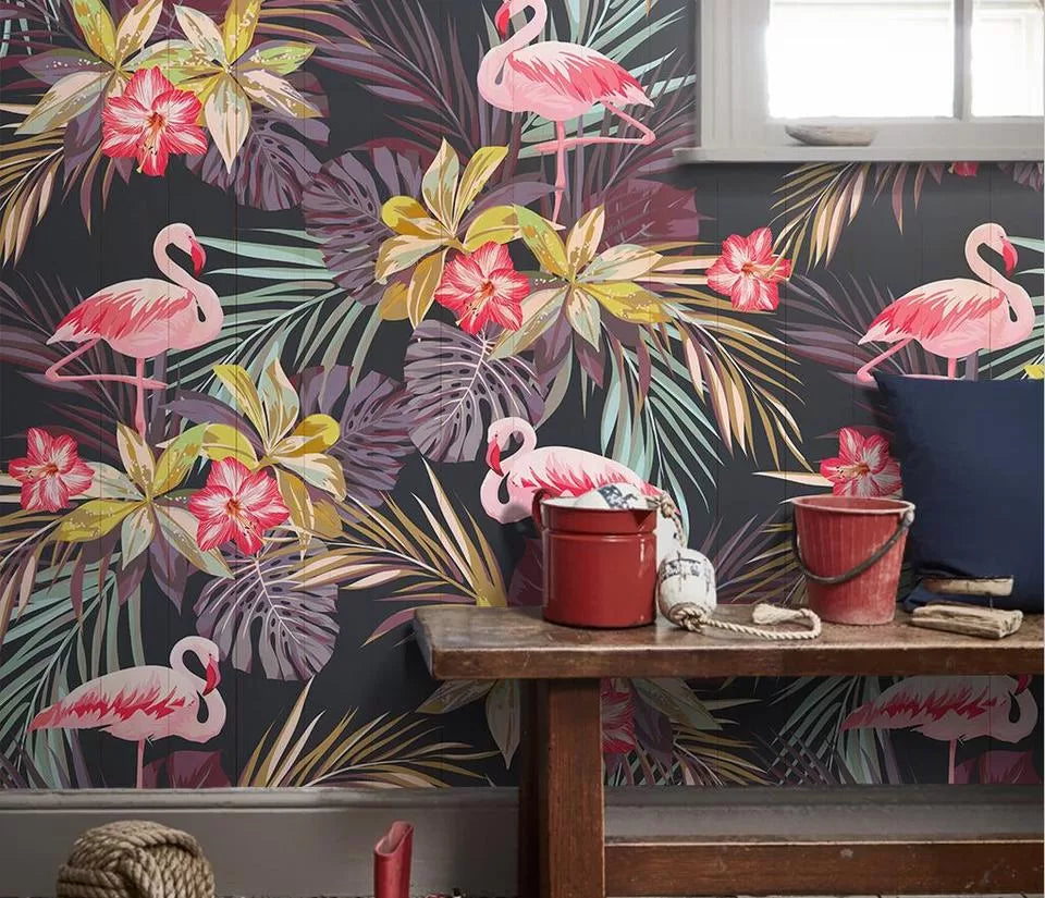 Tropical flowers and pink flamingos wallpaper