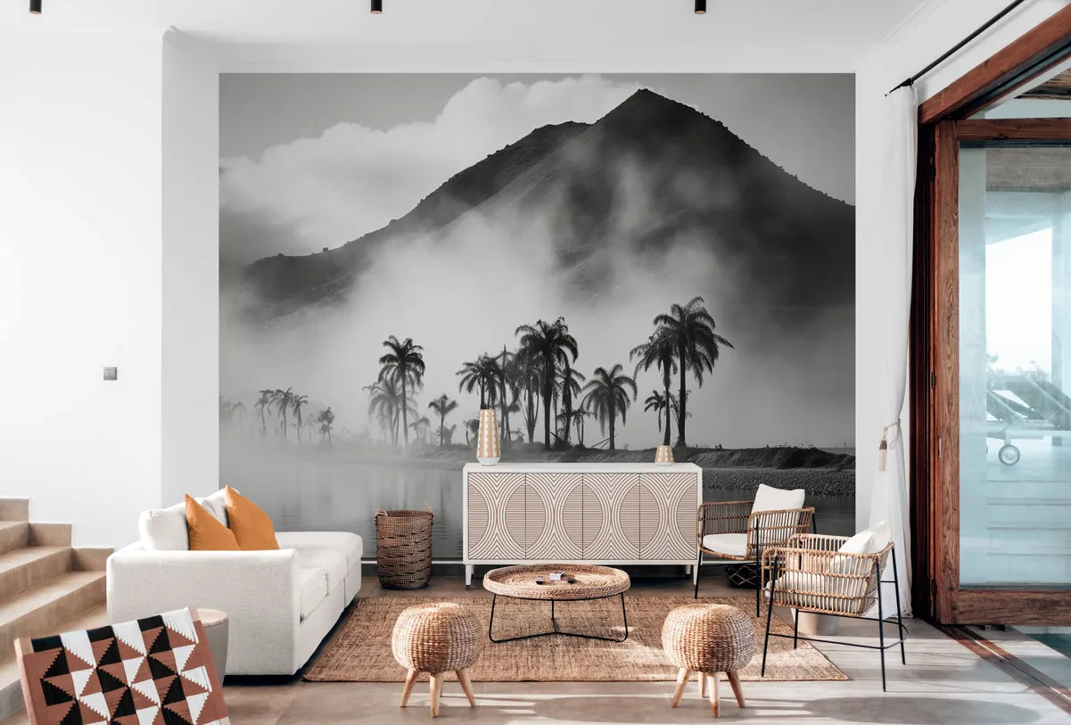 Black and white wallpaper coconut trees and mountains