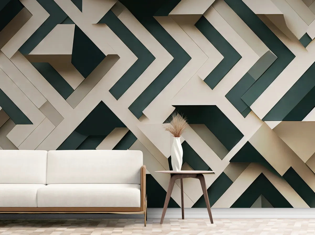Green and beige 3D geometric wallpaper