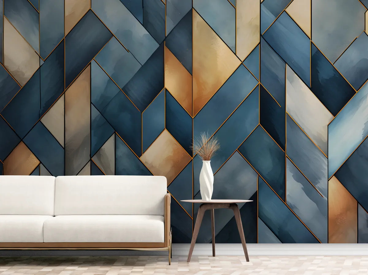 Nordic blue and gold geometric wallpaper
