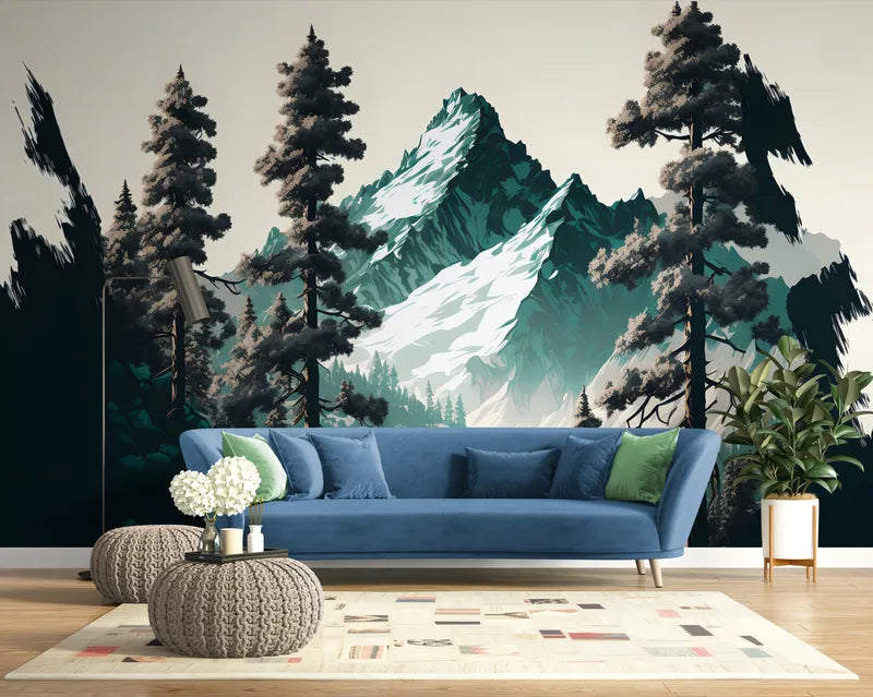 Papier peint paysage montagne à travers les arbres