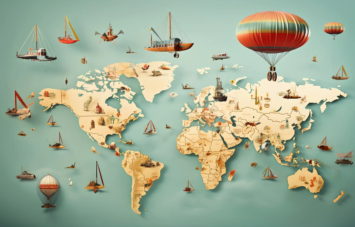 Papier peint Carte du monde pour enfants avec bateaux volants
