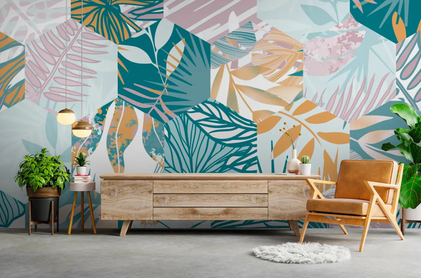 Geometric tropical foliage wallpaper