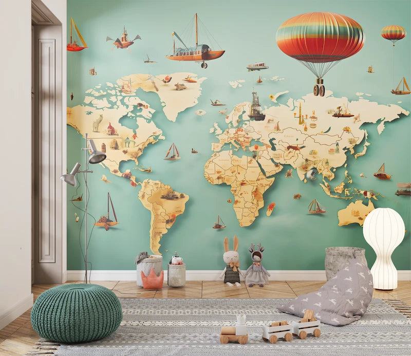 Papier peint Carte du monde pour enfants avec bateaux volants