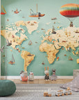 Child's world map with flying boats wallpaper