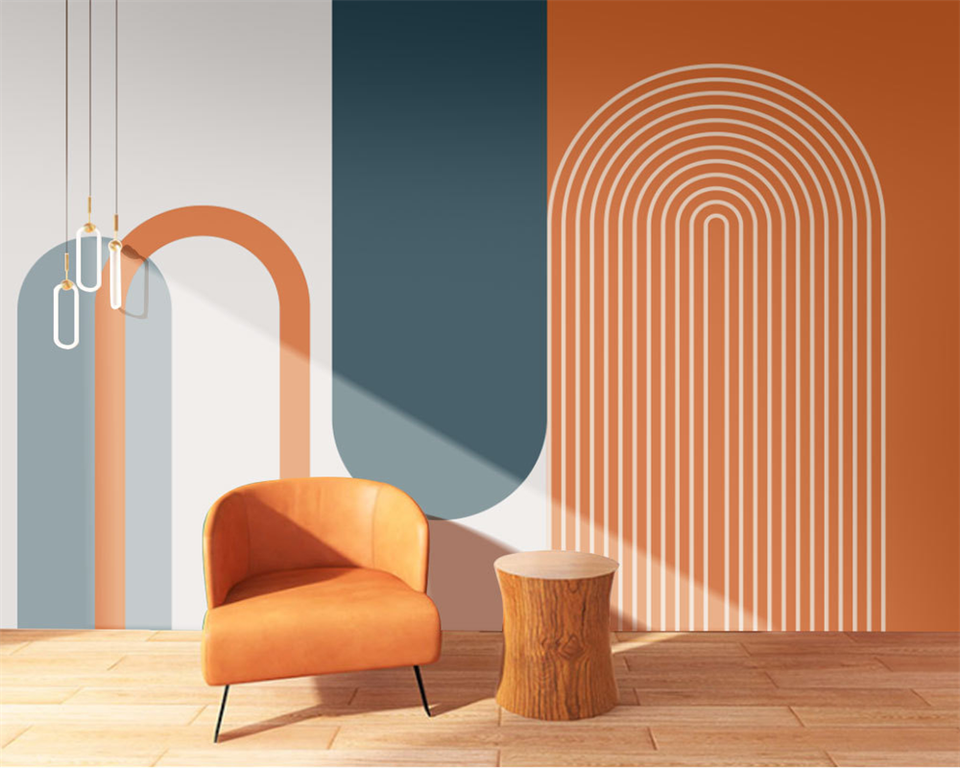Blue and orange Nordic geometric pattern wallpaper