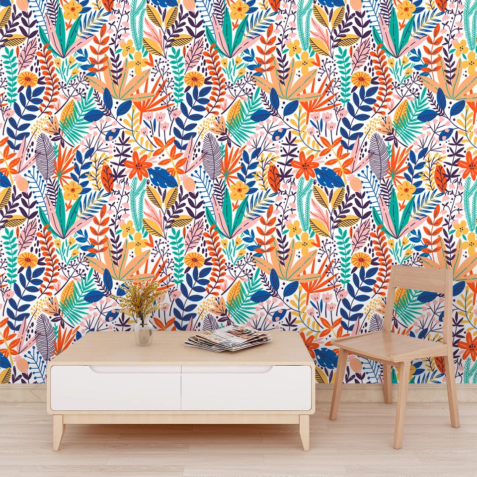 Multicoloured tropical foliage wallpaper
