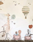Child's wallpaper with animals, hot air balloons, and planes
