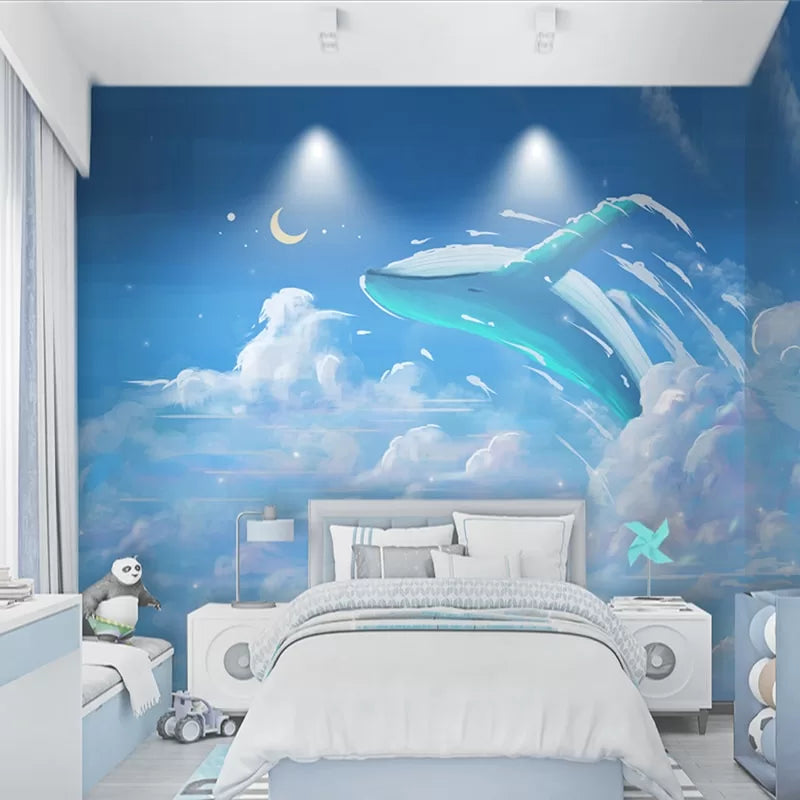 Child&#39;s wallpaper with a blue whale in the nighttime clouds
