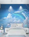 Child's wallpaper with a blue whale in the nighttime clouds