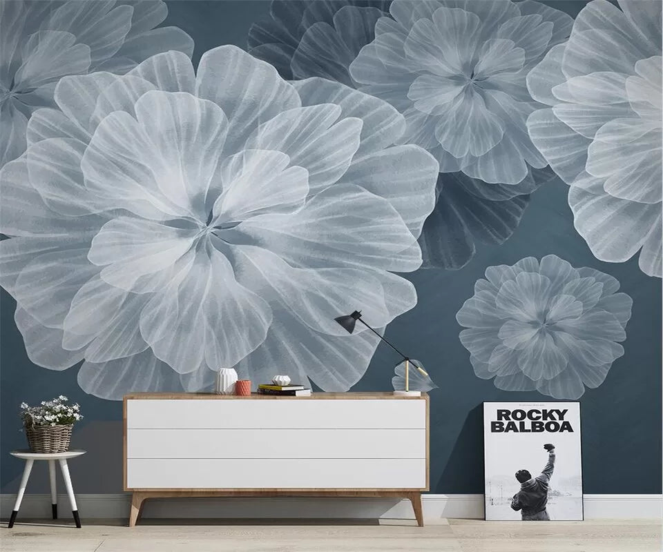 Vintage white flowers on blue background wallpaper