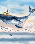 Child's wallpaper with a whale and flying fish