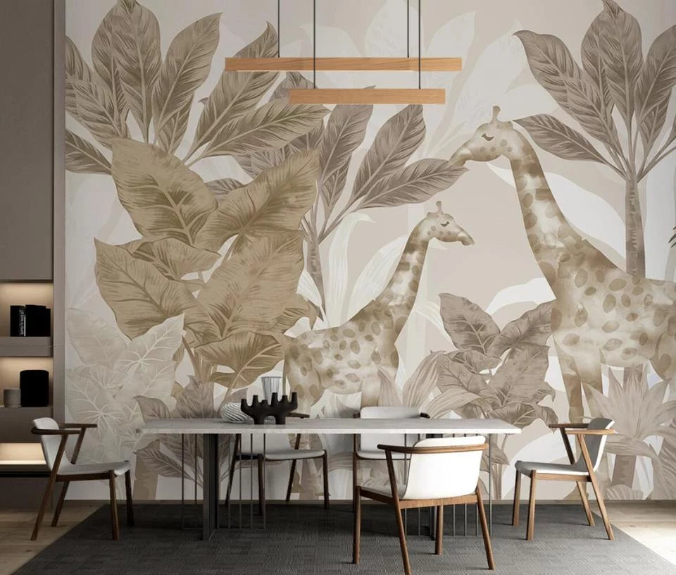 Tropical plants and giraffes wallpaper