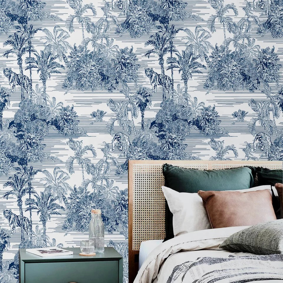 Vintage tropical jungle and blue tigers wallpaper