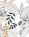 Black, white, and gold foliage wallpaper