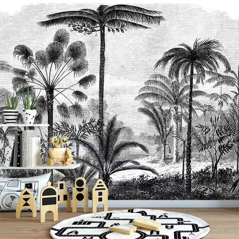 Black and white tropical jungle palm wallpaper