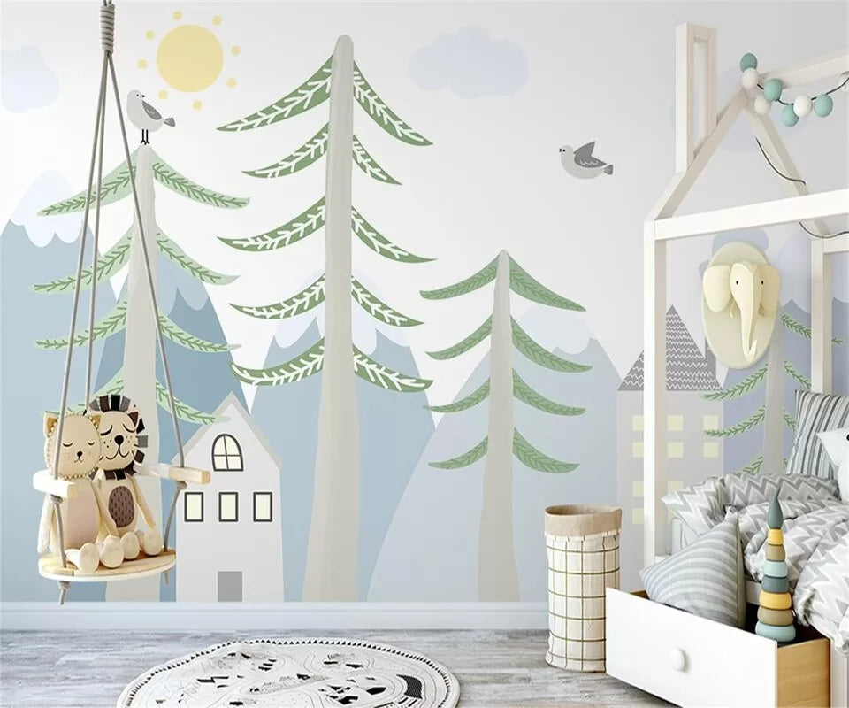 Child&#39;s wallpaper with a house in the forest