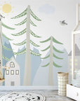 Child's wallpaper with a house in the forest