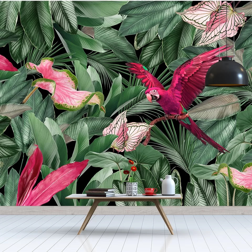 Tropical foliage and parrot wallpaper