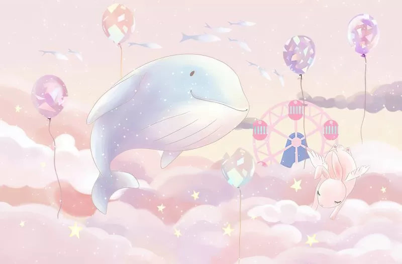 Child&#39;s wallpaper with a fantasy whale and rabbit in the clouds