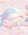 Child's wallpaper with a fantasy whale and rabbit in the clouds