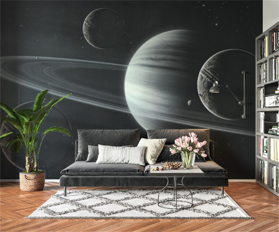 Papier peint panoramique planète noir et blanc